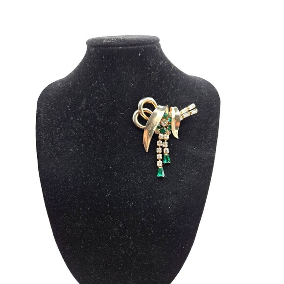 Vintage Signed Scitarelli Emerald Green Rhinestone Brooch GP Austrian Crystal - Picture 2 of 6